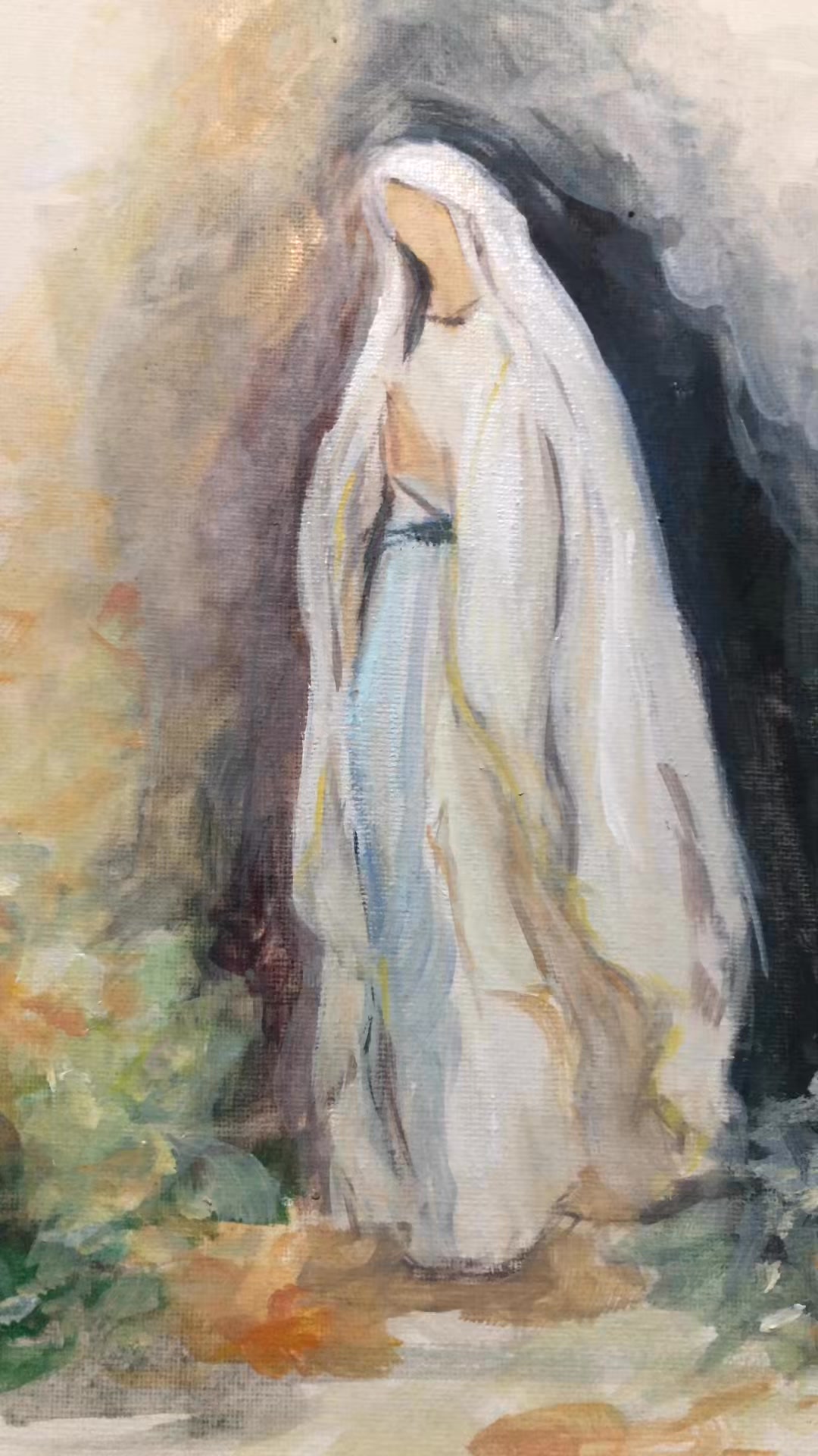 Virgen de Lourdes pintada al óleo sobre lienzo